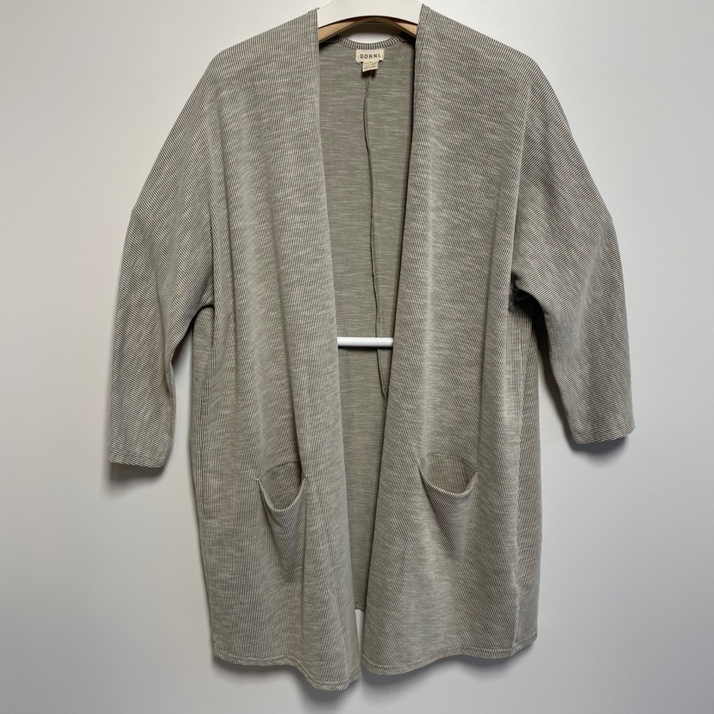 Donni Stripe Knit Open Front Cardigan Sweater 3/4 Sleeve Pockets Oversized OSFA